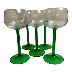 Mid Century Cocktail Champagne Glasses Green Stem Glassware Set of 5